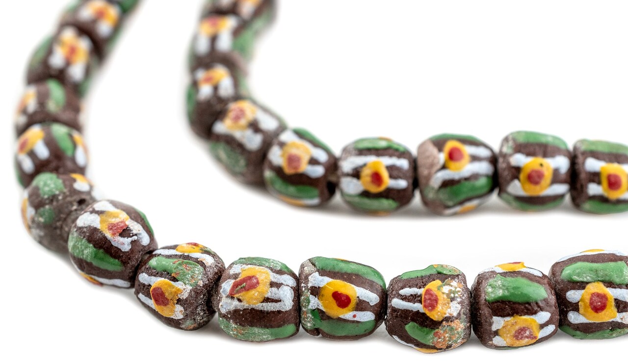 The Bead Chest Painted African Krobo Beads - Full Strand of Ghanaian Tribal Glass Beads for Necklace or Jewelry Making (Brown Striped Eye)